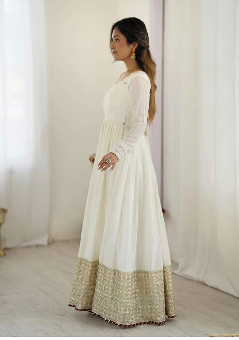 Off White Embroidered Silk Blend Anarkali Set - Indya