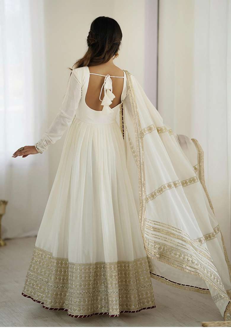 Off White Embroidered Silk Blend Anarkali Set - Indya