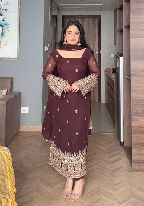 maroon Embroidery Blended Salwar Kameez