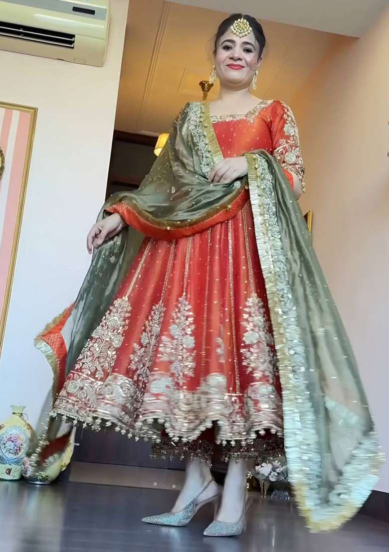 Orange Embroidered Silk Blend Anarkali Set - Indya