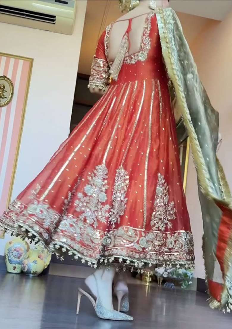 Orange Embroidered Silk Blend Anarkali Set - Indya