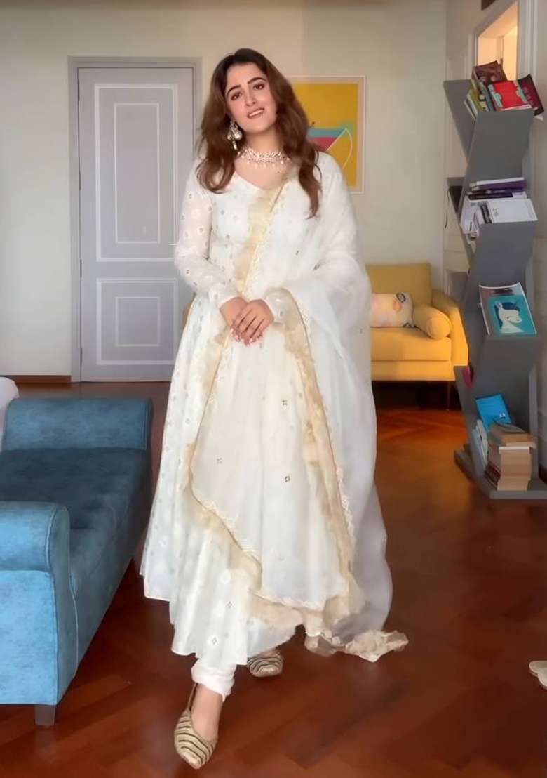 Off White Embroidered Silk Blend Anarkali Set - Indya