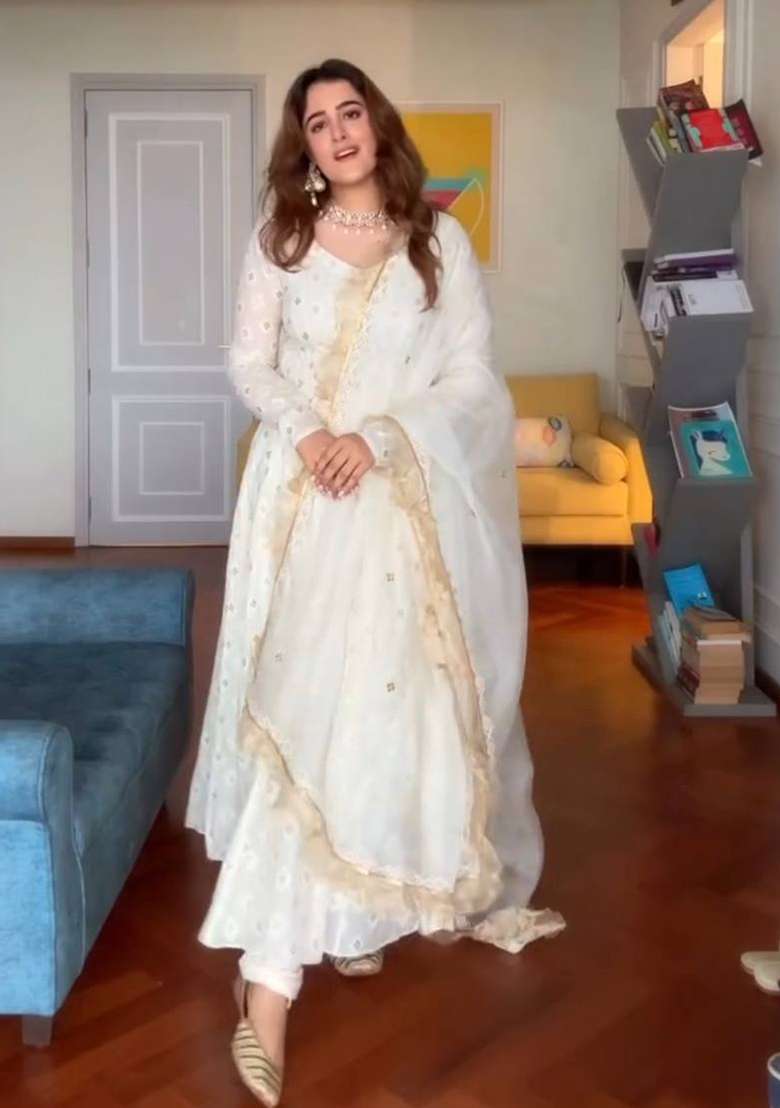 Off White Embroidered Silk Blend Anarkali Set - Indya