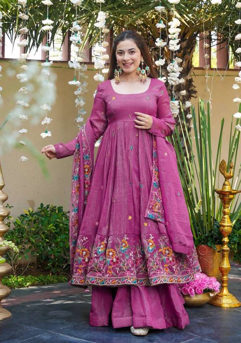 Dusty Rose Embroidered Silk Blend Anarkali Set - Indya