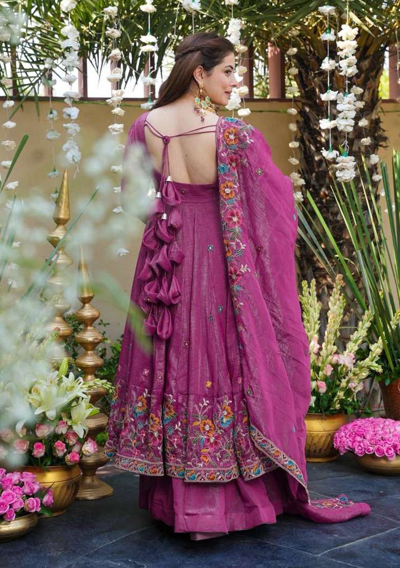 Dusty Rose Embroidered Silk Blend Anarkali Set - Indya