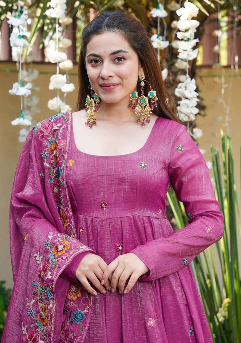 Dusty Rose Embroidered Silk Blend Anarkali Set - Indya