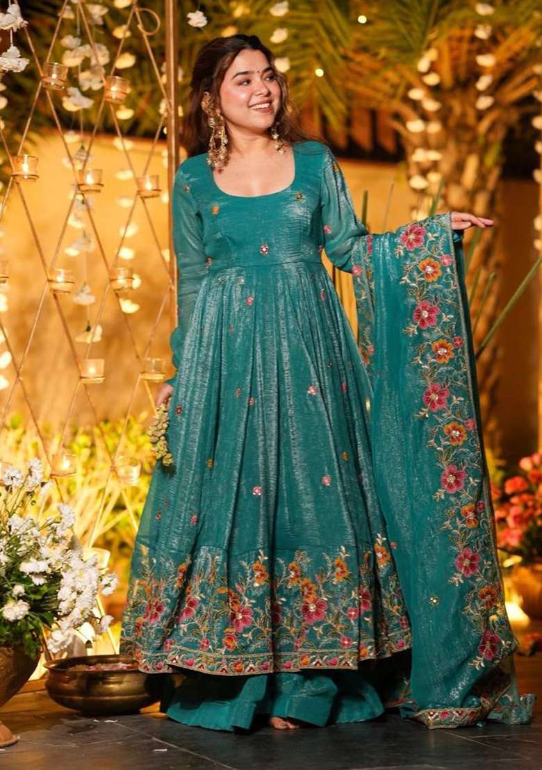 Rama Embroidered Silk Blend Anarkali Set - Indya