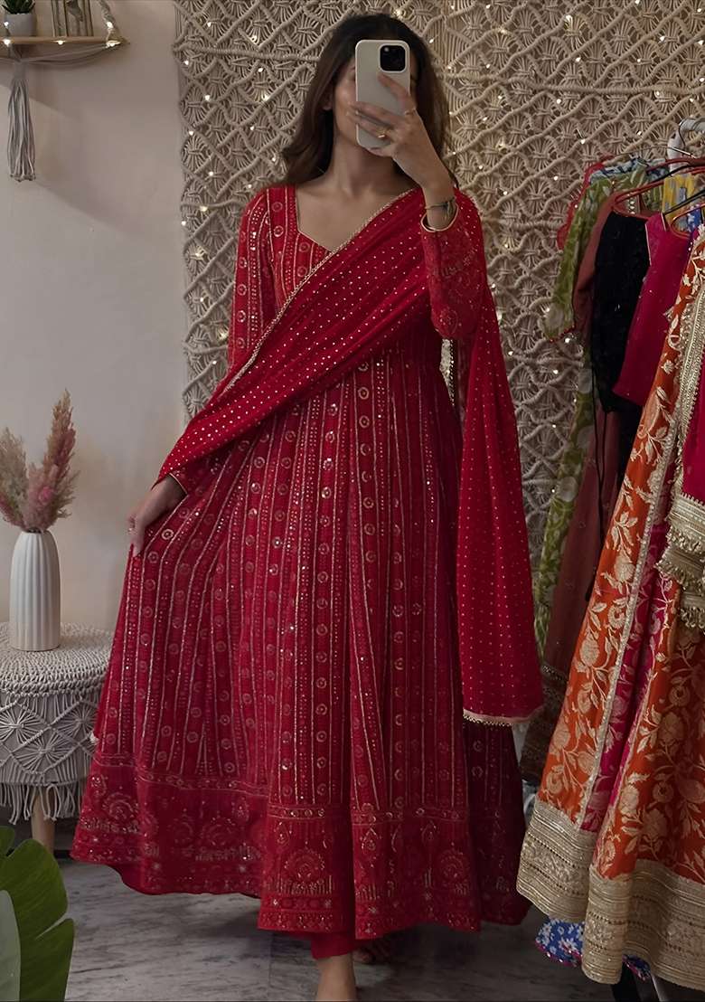 Red Embroidered Blended Anarkali Set - Indya
