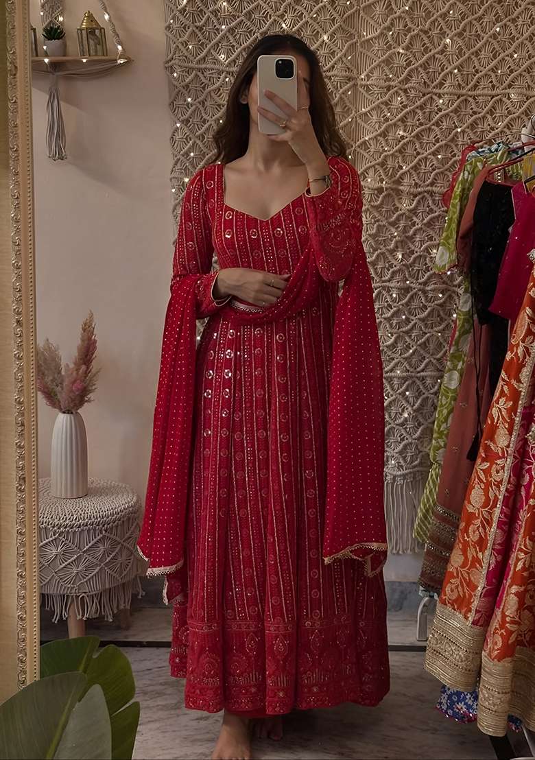 Red Embroidered Blended Anarkali Set - Indya