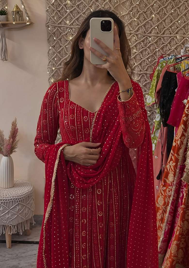Red Embroidered Blended Anarkali Set - Indya