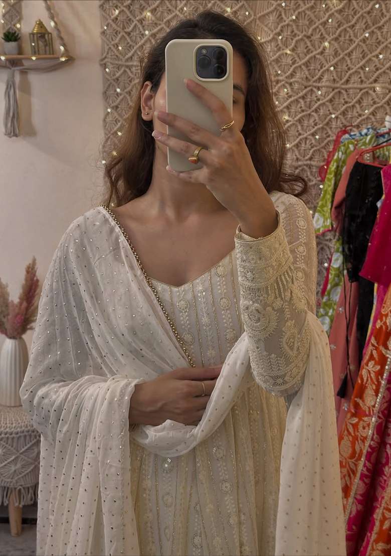 Off White Chikankari Blended Anarkali Set - Indya