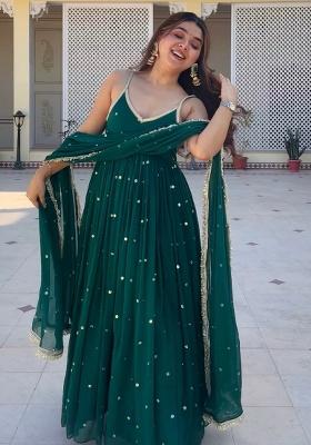 Green Embroidery Blended Salwar Kameez