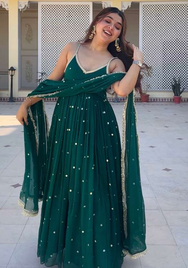 Green Embroidery Blended Salwar Kameez - Indya