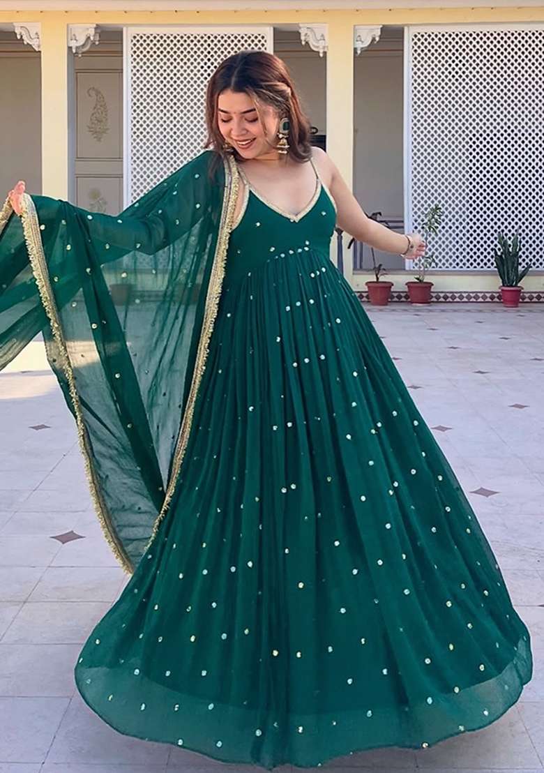 Green Embroidery Blended Salwar Kameez - Indya