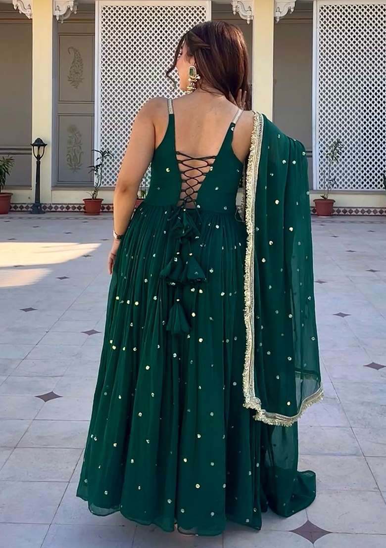 Green Embroidery Blended Salwar Kameez - Indya