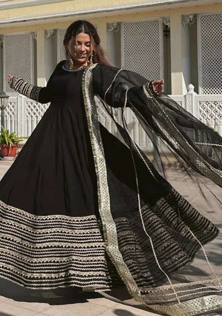 Black Embroidered Rayon Anarkali Set - Indya