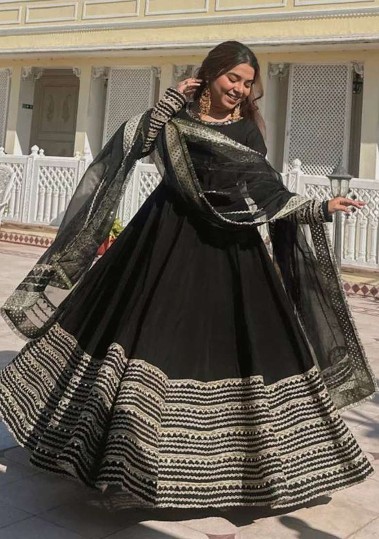 Black Embroidered Rayon Anarkali Set - Indya