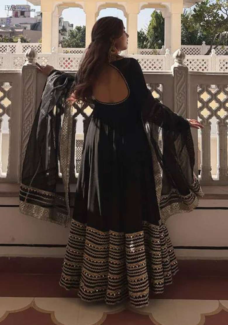 Black Embroidered Rayon Anarkali Set - Indya
