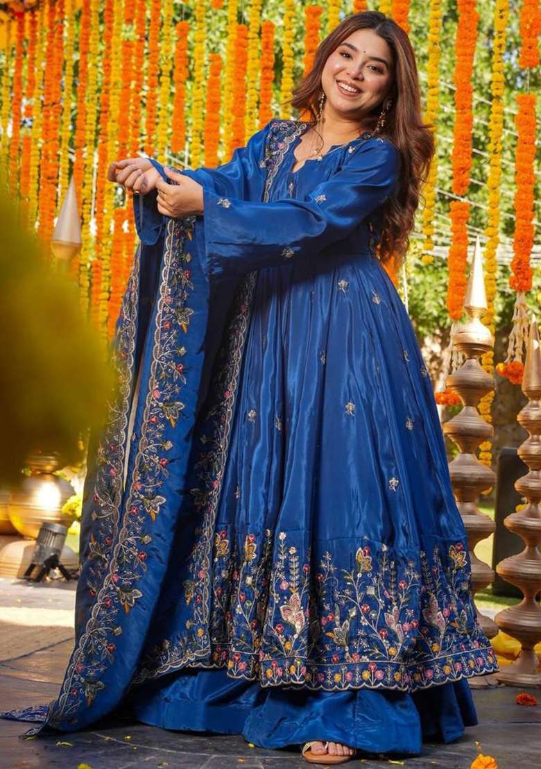 BLUE Embroidery Silk Anarkali Suit Set - Indya