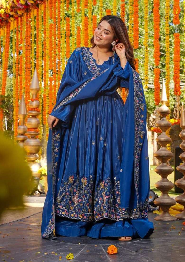 BLUE Embroidery Silk Anarkali Suit Set - Indya