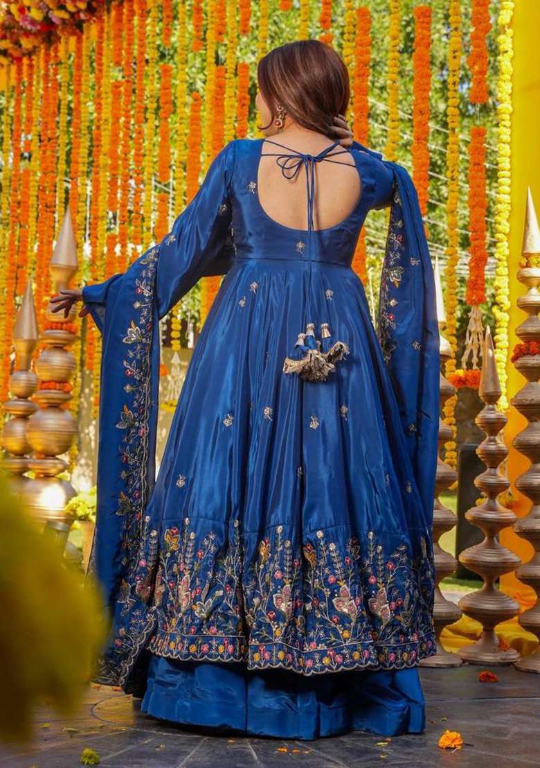 BLUE Embroidery Silk Anarkali Suit Set - Indya