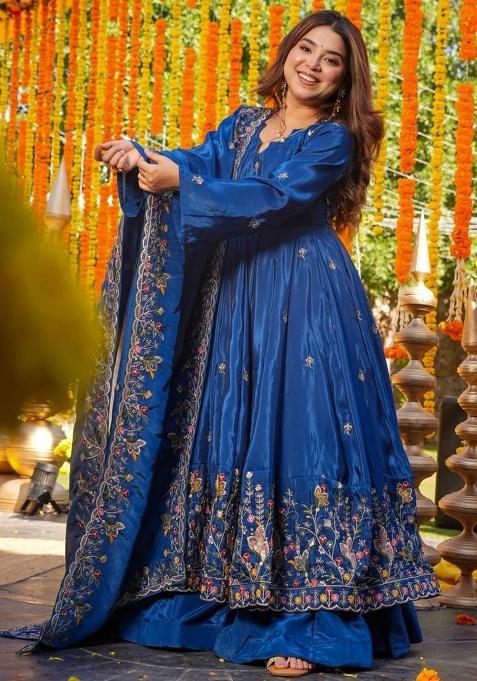 BLUE Embroidery Silk Anarkali Suit Set