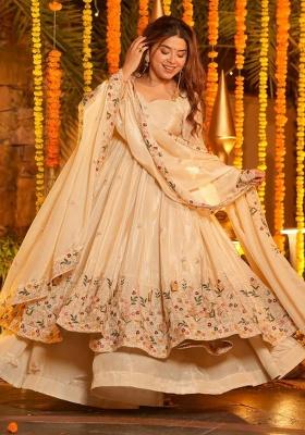 Off White Embroidery Silk Anarkali Suit Set