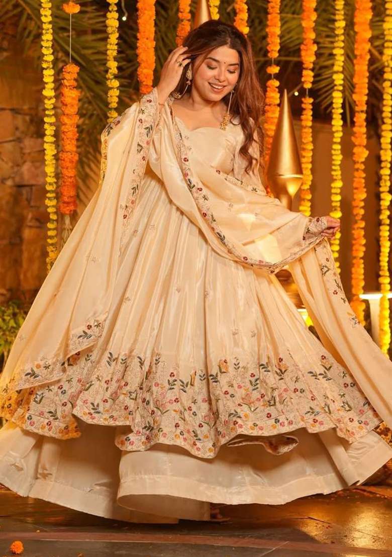 Off White Embroidery Silk Anarkali Suit Set - Indya