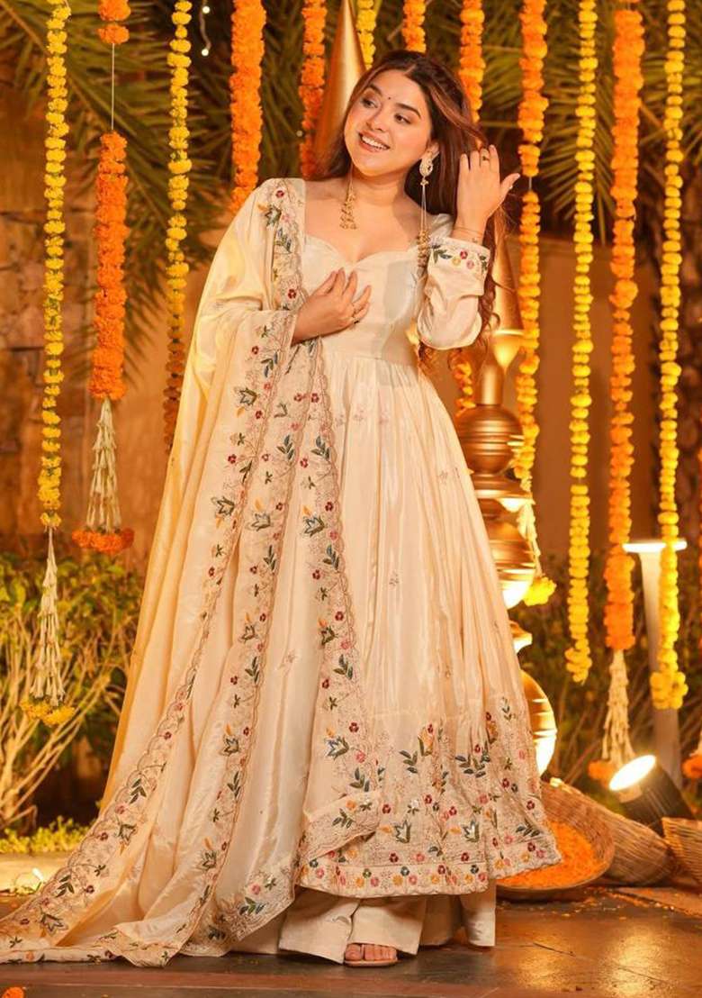 Off White Embroidery Silk Anarkali Suit Set - Indya