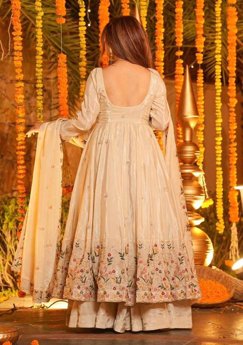 Off White Embroidery Silk Anarkali Suit Set - Indya