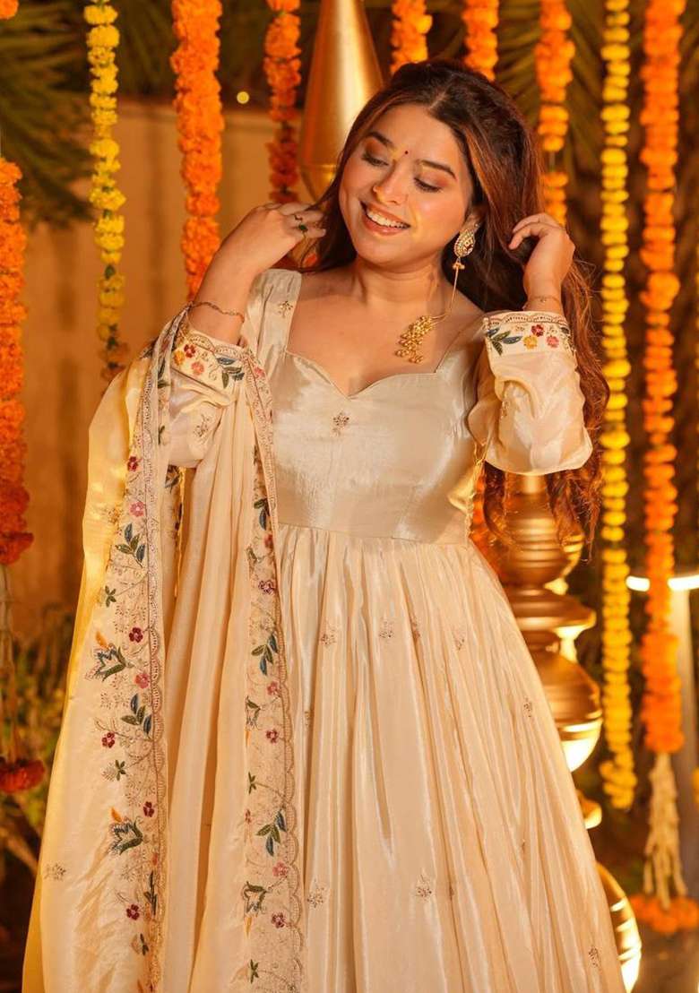 Off White Embroidery Silk Anarkali Suit Set - Indya