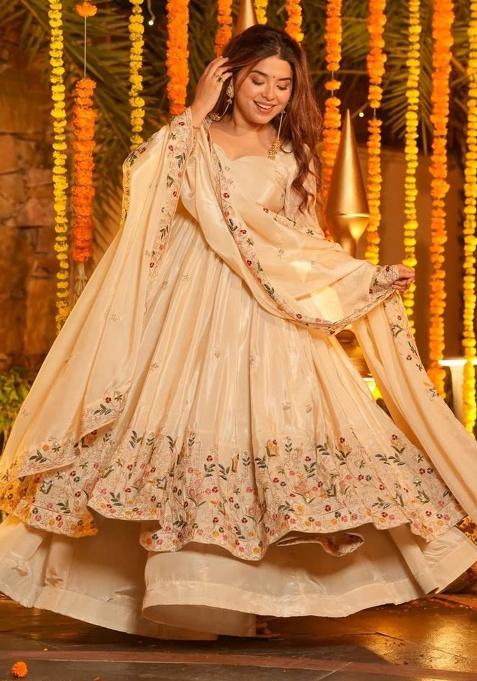 Off White Embroidery Silk Anarkali Suit Set