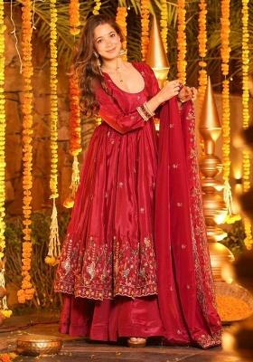 RED Embroidery Silk Anarkali Suit Set