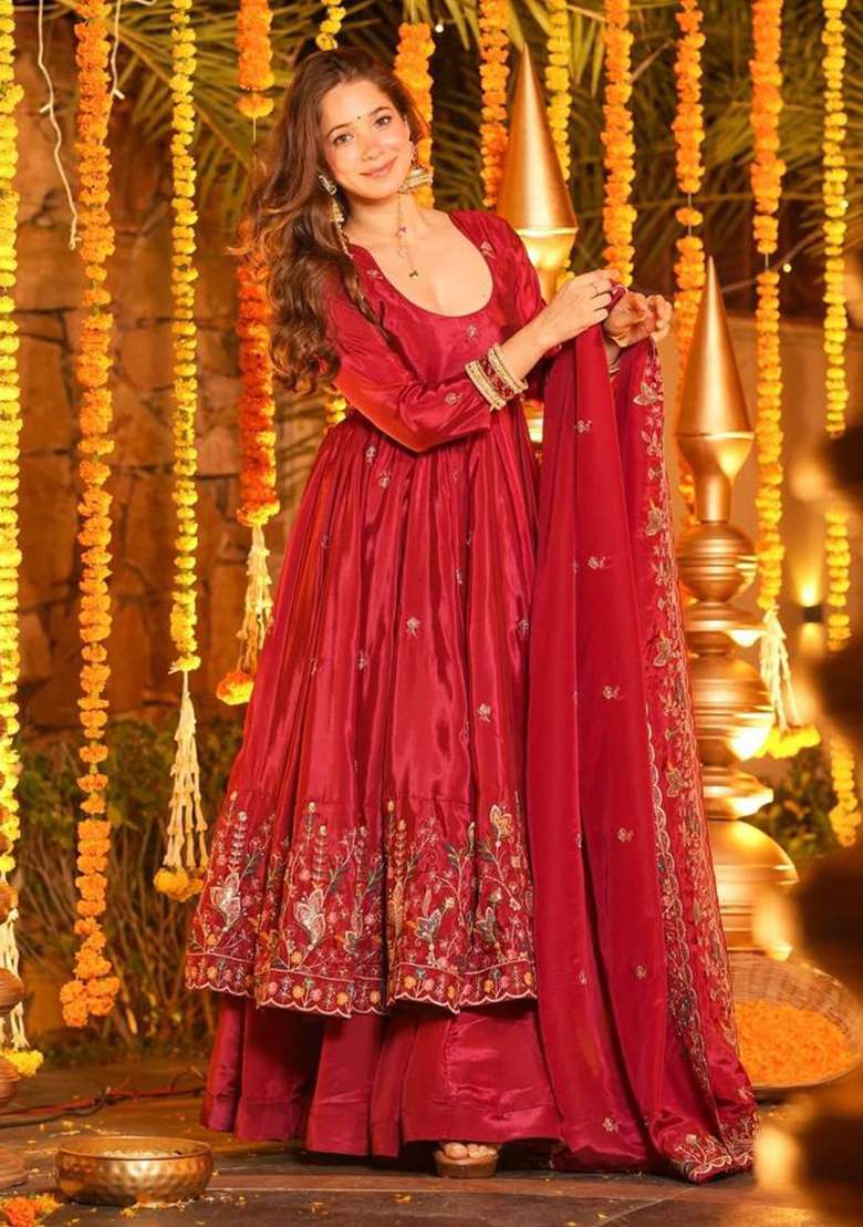 RED Embroidery Silk Anarkali Suit Set - Indya