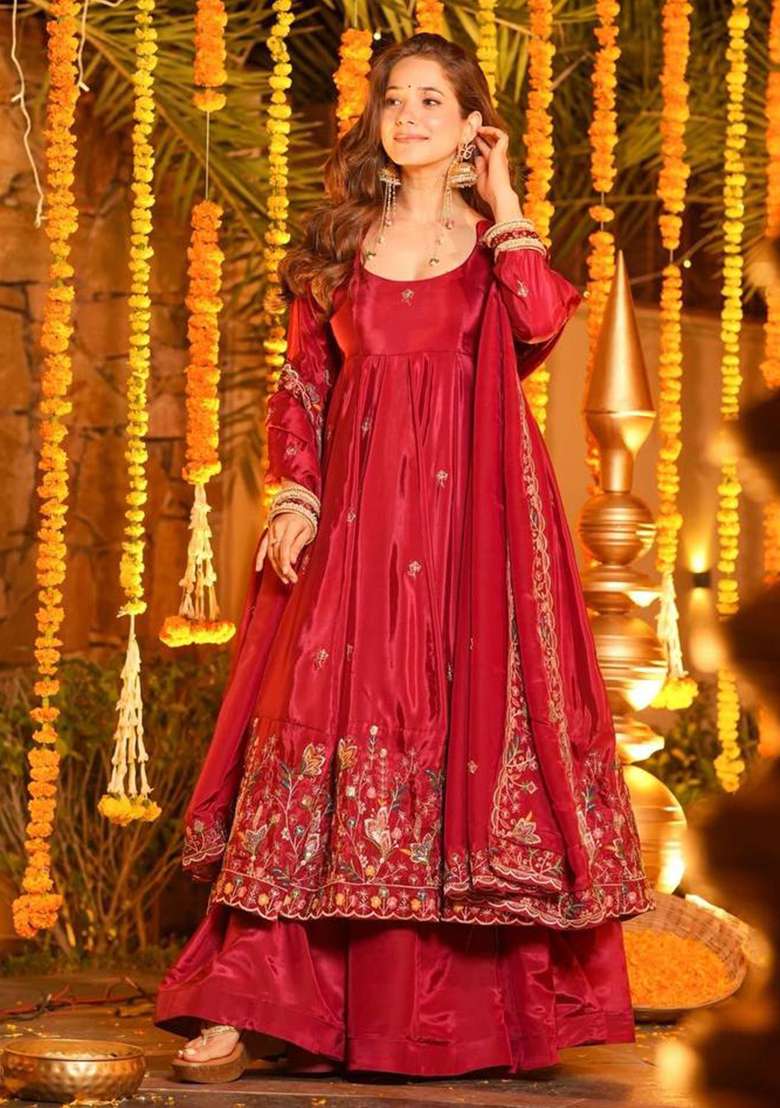 RED Embroidery Silk Anarkali Suit Set - Indya