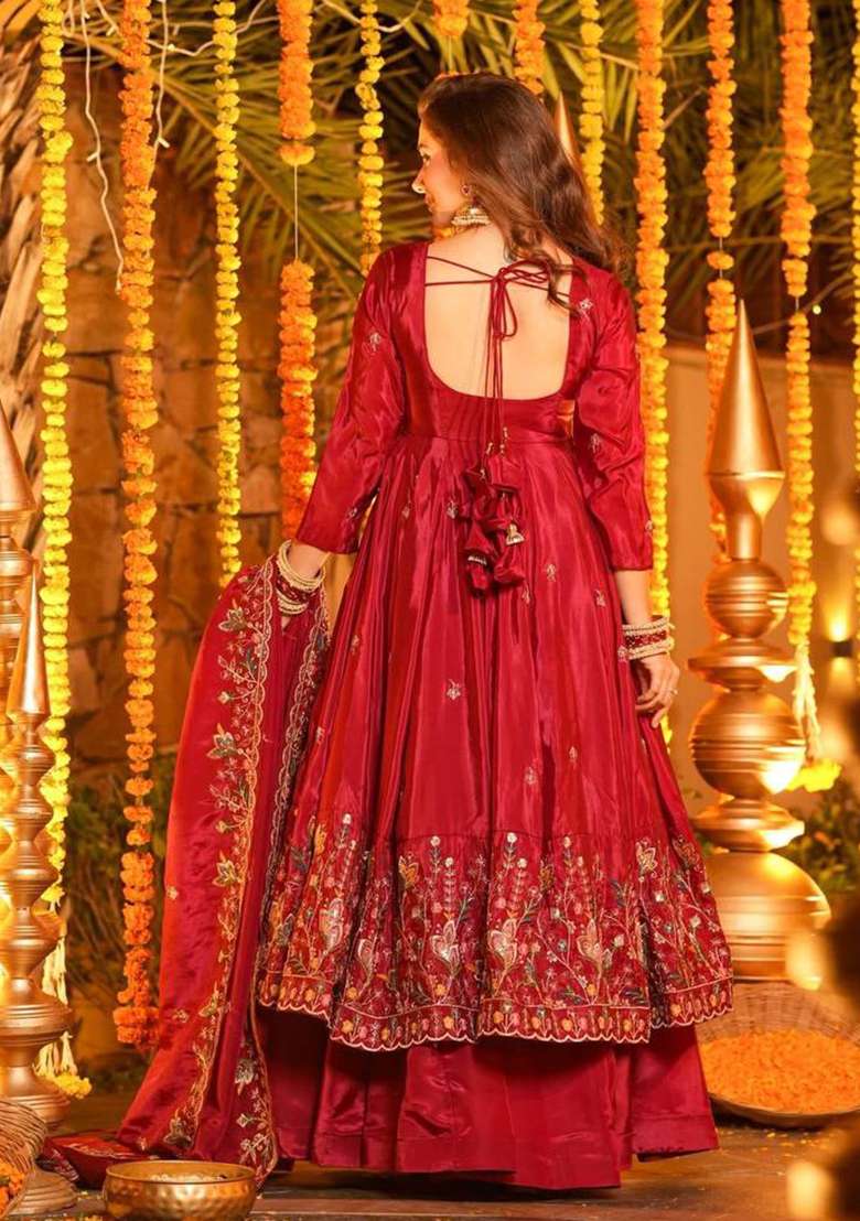 RED Embroidery Silk Anarkali Suit Set - Indya