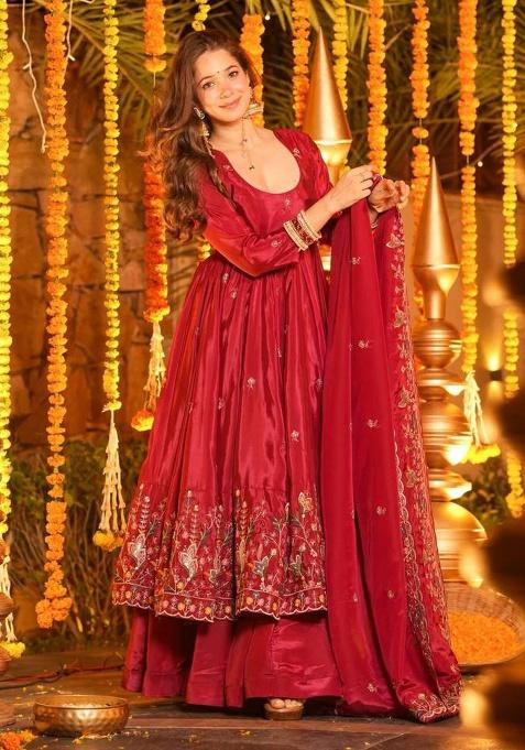 RED Embroidery Silk Anarkali Suit Set