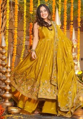 YELLOW Embroidery Silk Anarkali Suit Set