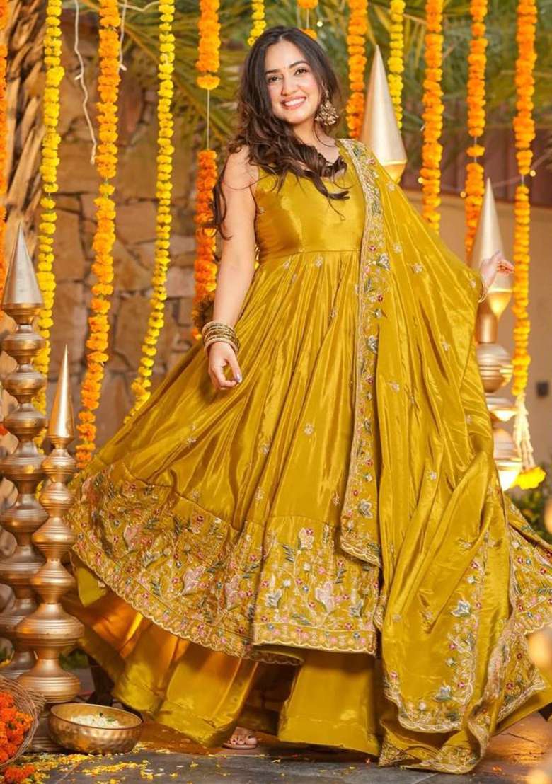 YELLOW Embroidery Silk Anarkali Suit Set - Indya
