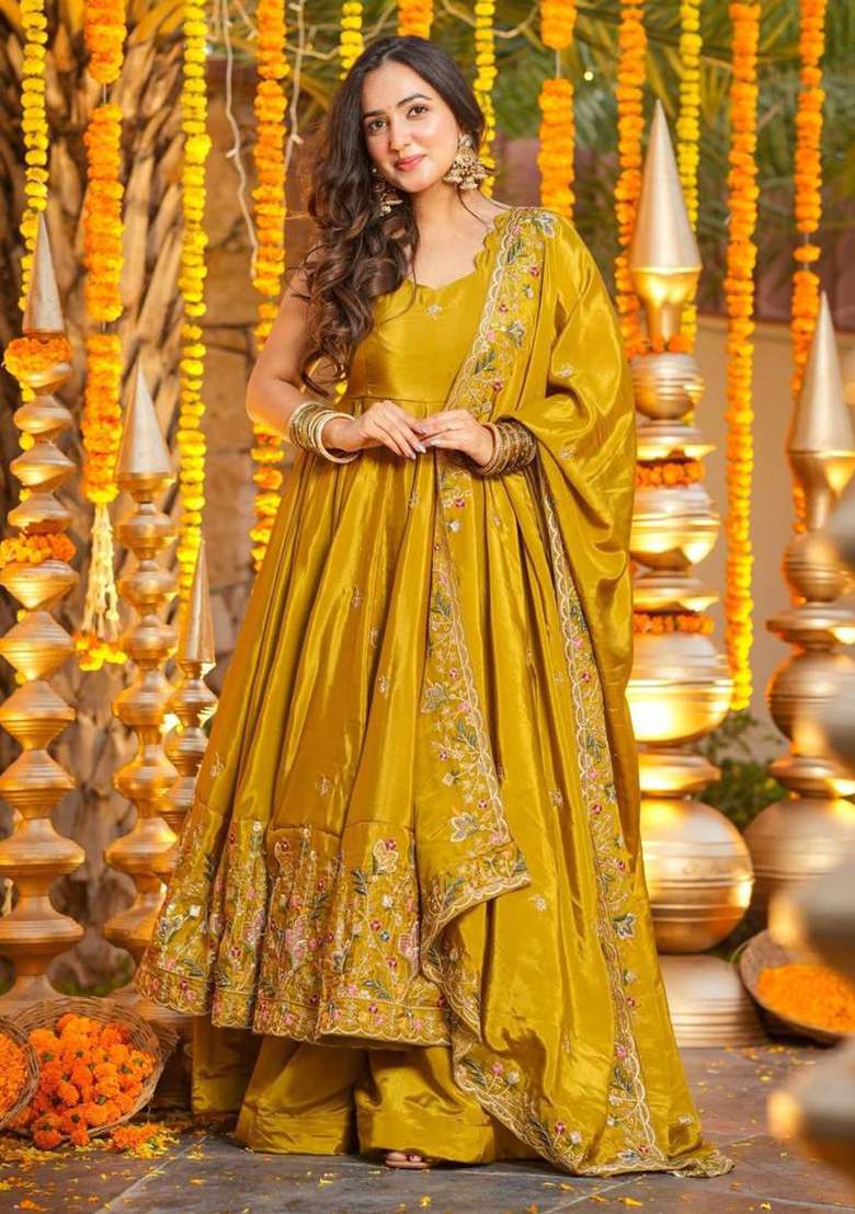 YELLOW Embroidery Silk Anarkali Suit Set - Indya