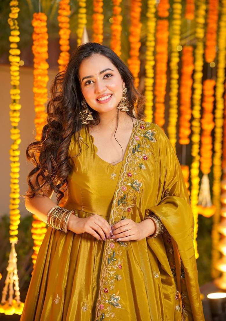 YELLOW Embroidery Silk Anarkali Suit Set - Indya