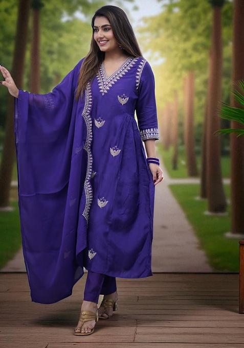 Purple Embroidery Chanderi Kurta Set