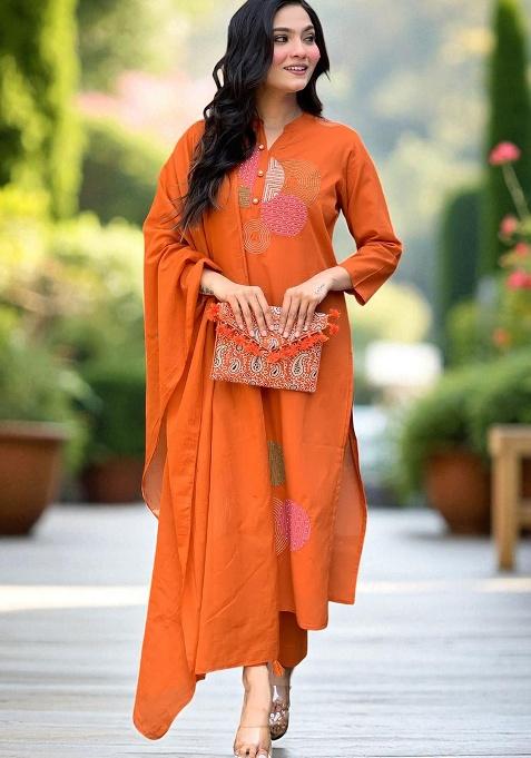 Orange Embroidery Rayon Kurta Set