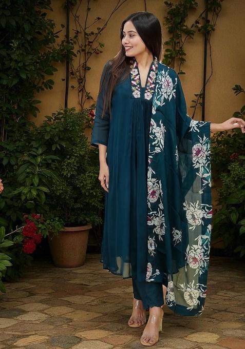 Blue Embroidery Chiffon Kurta Set