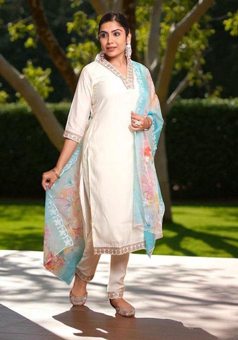 Cream Embroidery Cotton Kurta Set