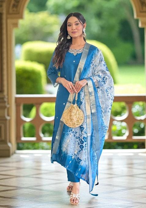 Blue Embroidery Silk Kurta Set