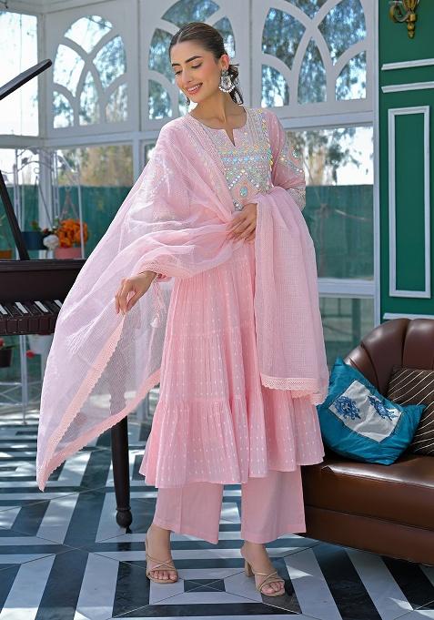 Pink Embroidery Cotton Kurta Set