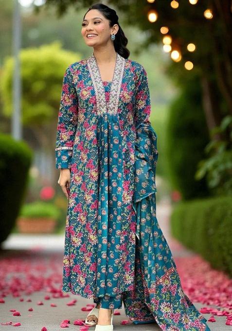 Blue Embroidery Cotton Kurta Set