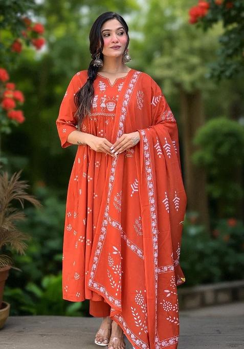 Orange Embroidery Cotton Kurta Set