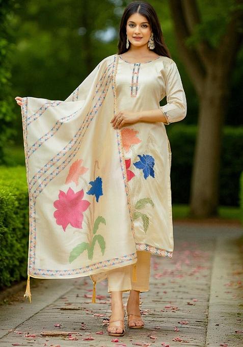 Cream Embroidery Silk Kurta Set